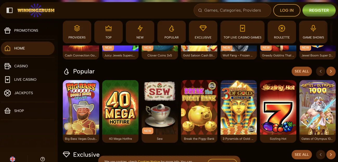 Win Ningz Rush Casino lobby with promotions, top games, exclusive titles and live casino categories