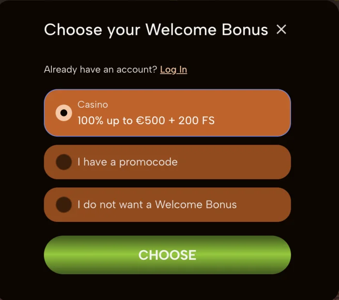 Win Ningz Rush welcome bonus selector — Casino 100% up to €500 + 200 free spins, with options for promocode entry or skipping the bonus